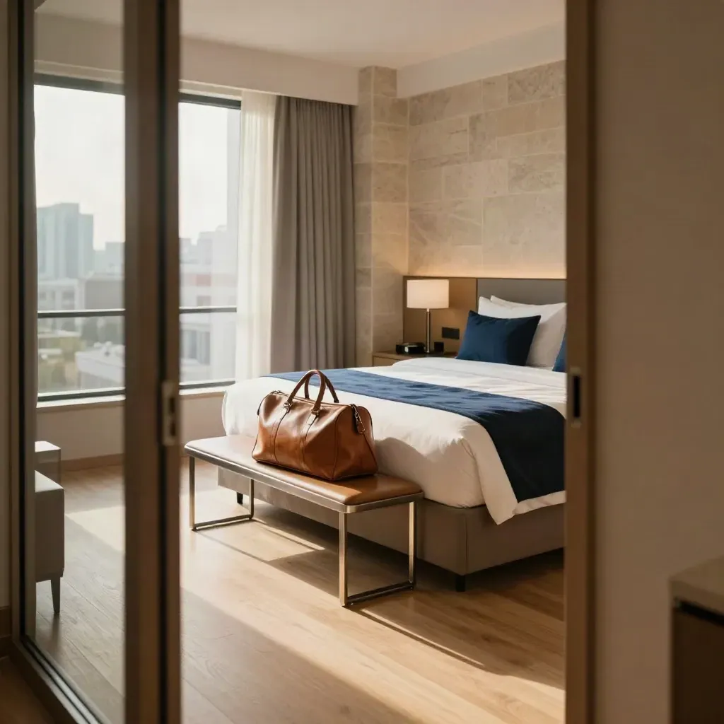 Camera business luminosa con letto rifatto, valigia in pelle e vista città