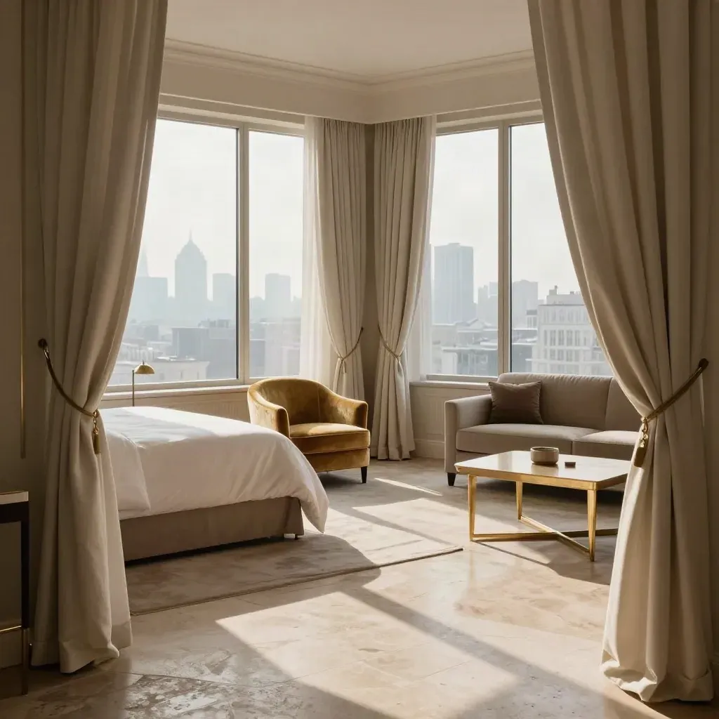 Suite con zona living, letto king, poltrona in velluto e vista città con tende aperte.