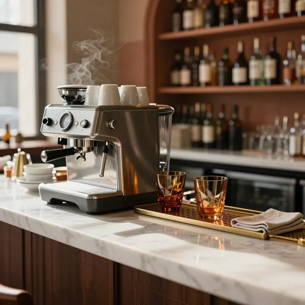 Bancone bar con macchina espresso, tazze in porcellana e calici aperitivo in luce calda.
