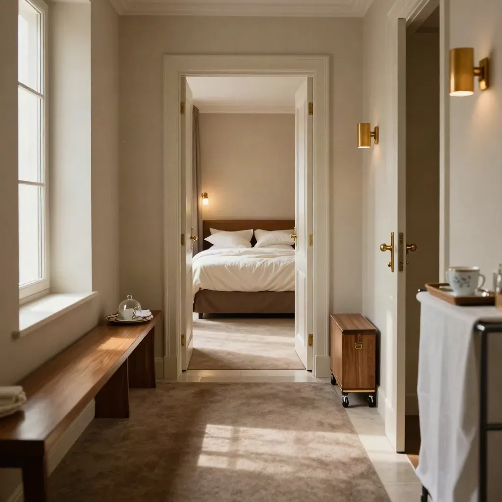 Corridoio di hotel a Milano con camere pronte, letti rifatti e vassoi colazione alle porte.