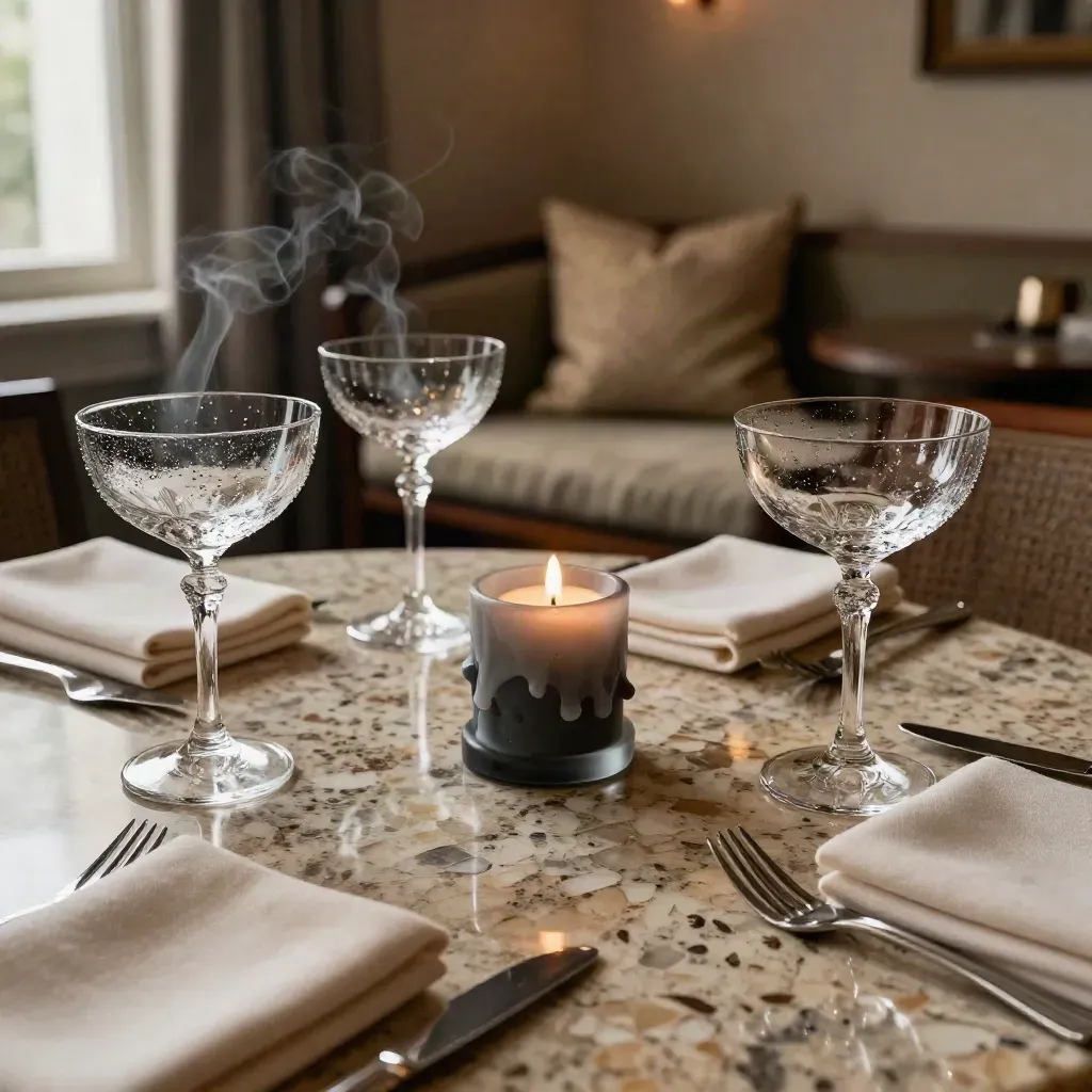 Sala privata d’hotel pronta per aperitivo e cena, con calici, candele e tavola elegante.