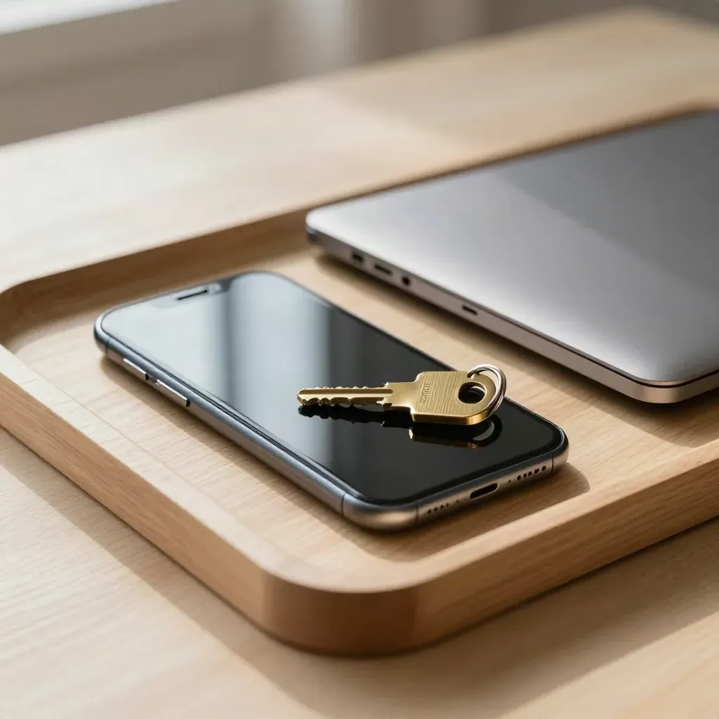 Smartphone a faccia in giù, laptop chiuso e chiave d’ottone su vassoio di legno chiaro