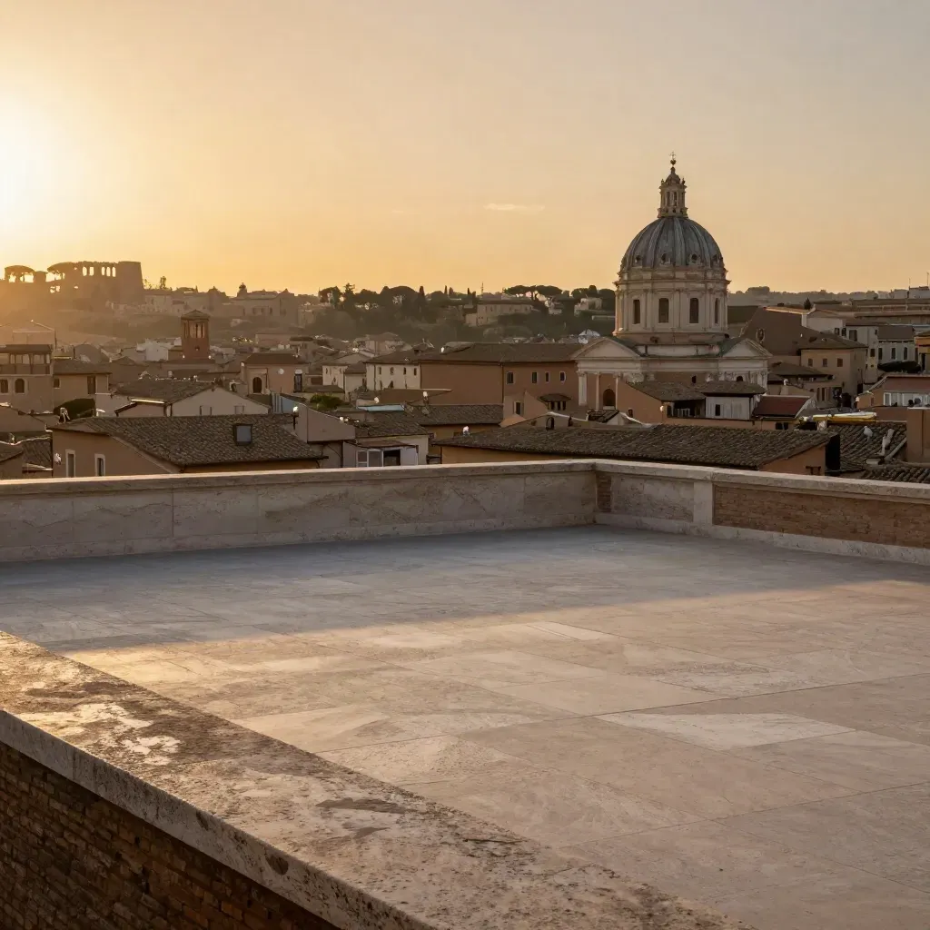 Roma al tramonto vista da una terrazza, cupole e tetti dorati nella foschia.